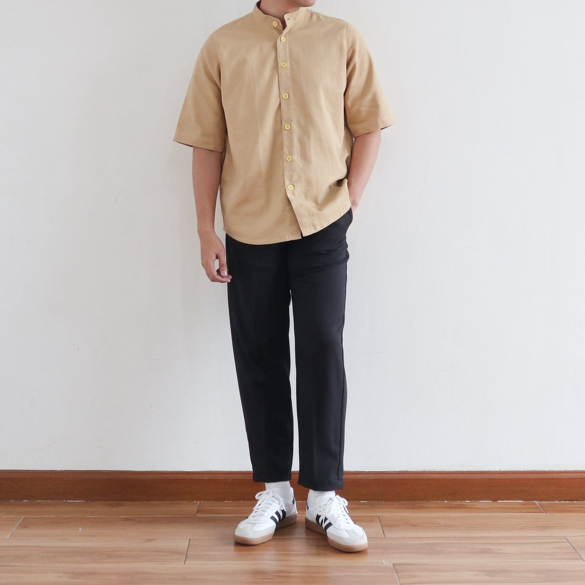 OVERSIZED MANDARIN COLLAR POLO IN SAND V.2 – PO:YO